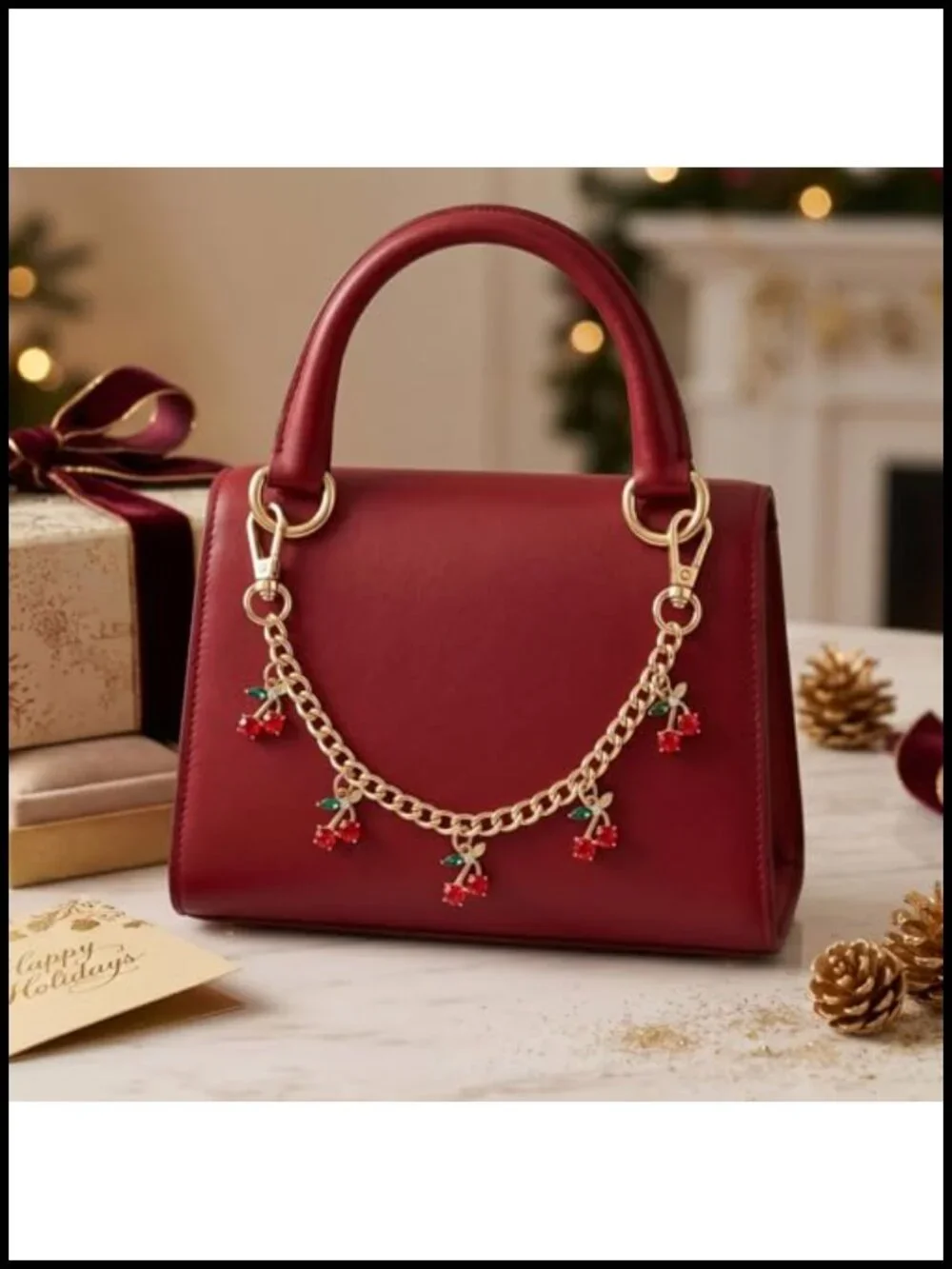 Gold Purse Charm Keychain with Red Cherry Accents for Handbags
